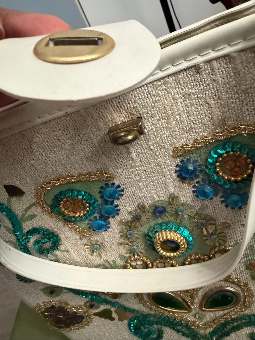 Embroidered White Tote with Teal and Gold Accents